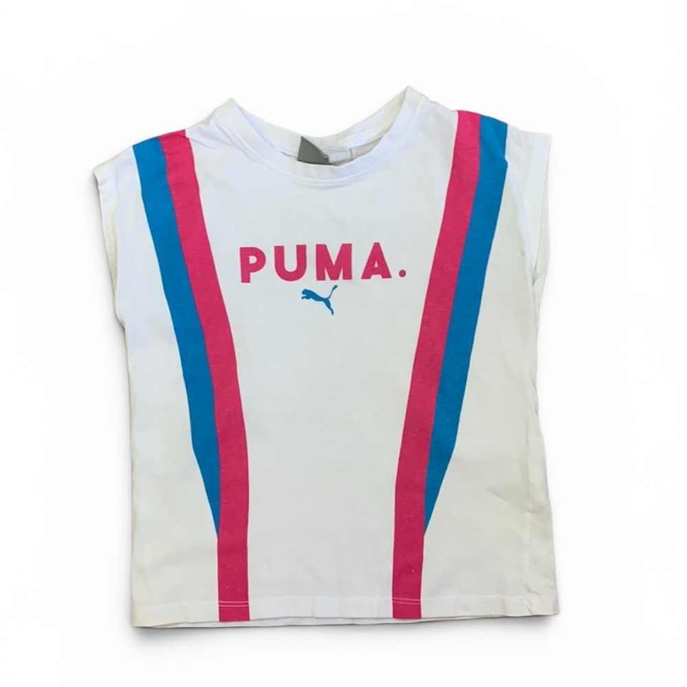 Puma Girls White Graphic Sleeveless Top Size 6X Pink & Blue Logo Shirt